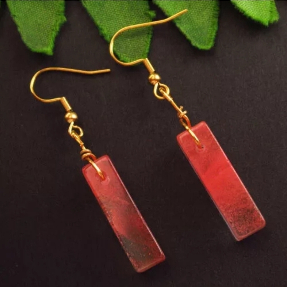 1 Pair Red Cherry Quartz Oblong Square Gold Tone 2" Earrings Natural Gemstone